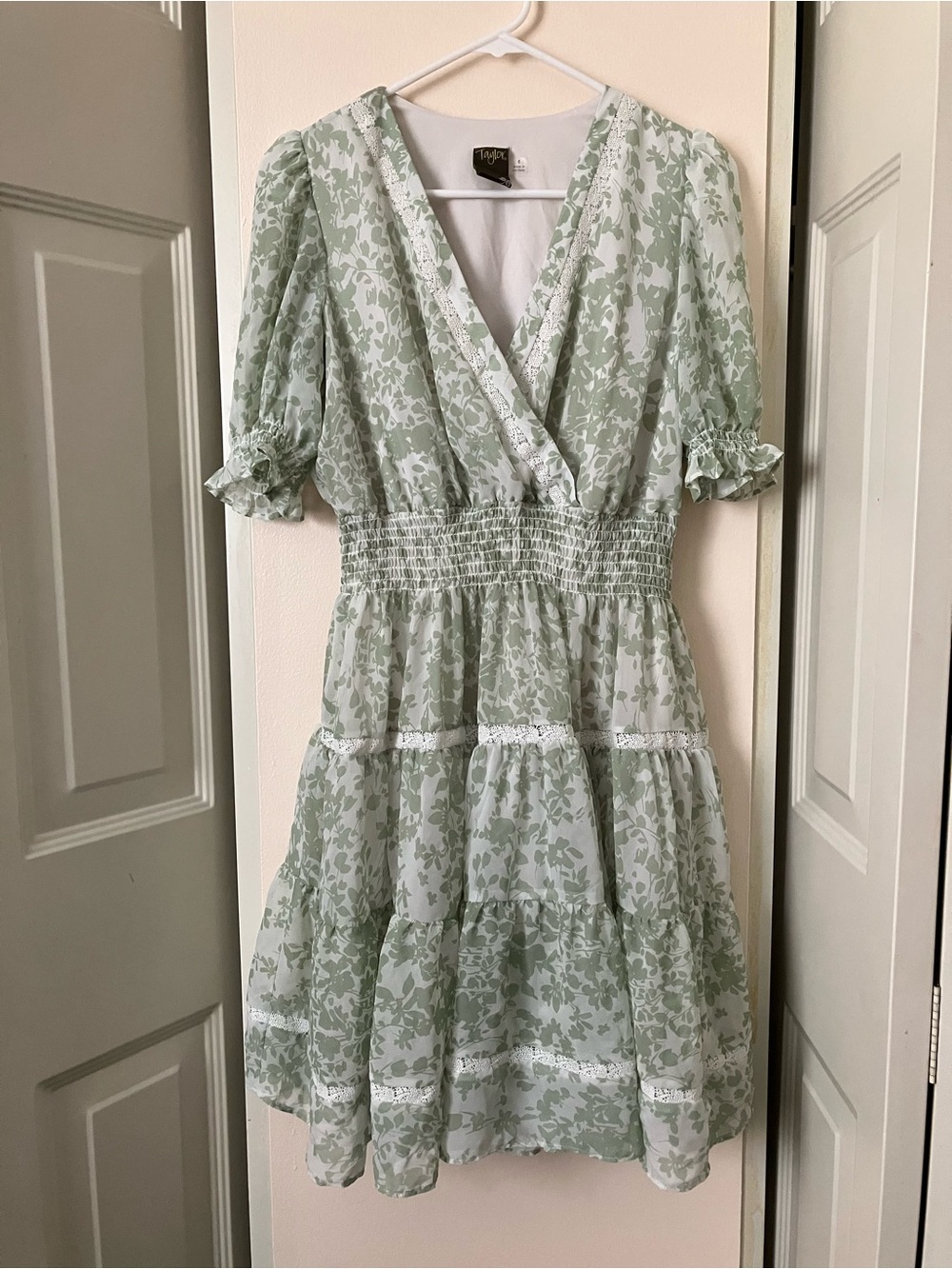 Taylor Pale Sage Floral Tiered V-Neck Mini Dress
